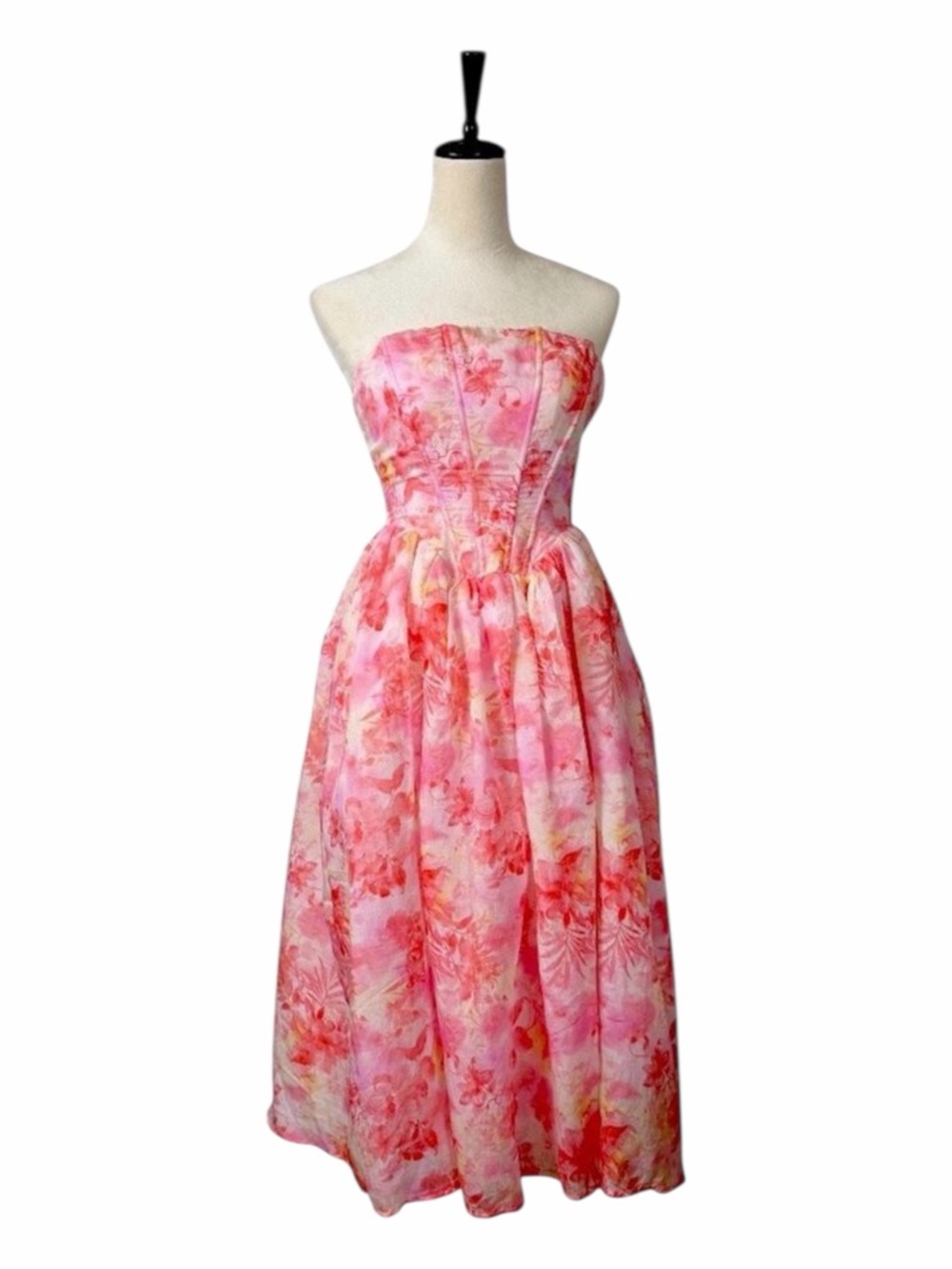 Lulus New Pink Floral Strapless Lace-Up Back Midi Dress Women’s Size Medium